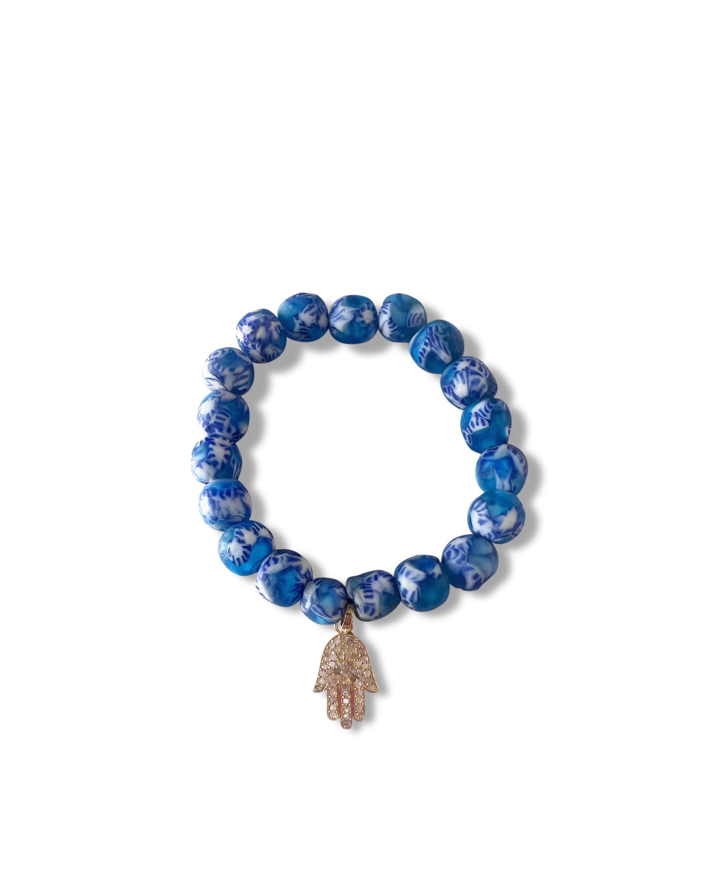 Blue African Krobo Beads with Gold Hamsa
