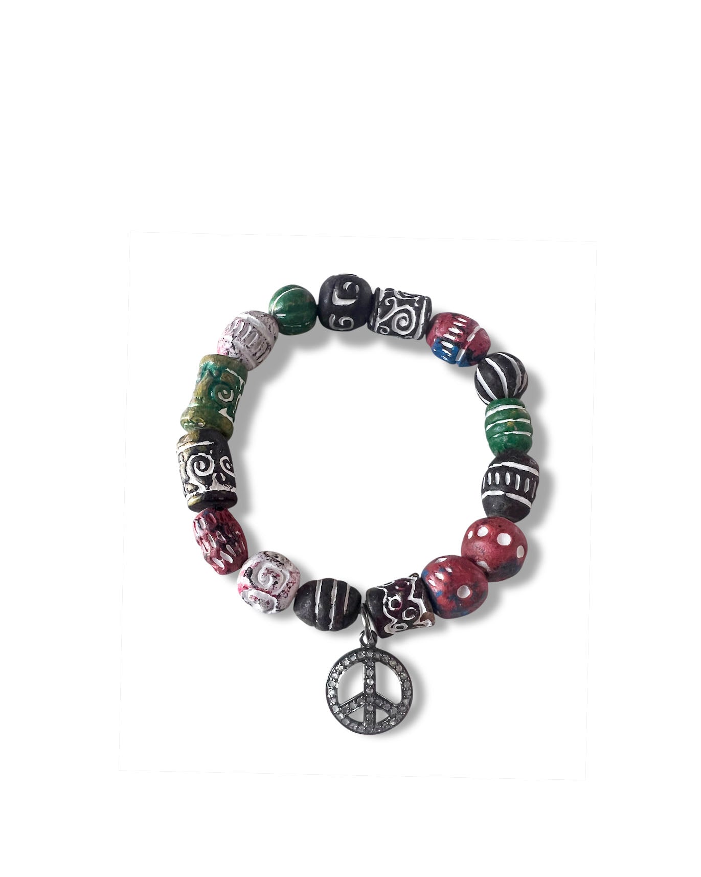 African Beads With Pave Diamond Peace Sign