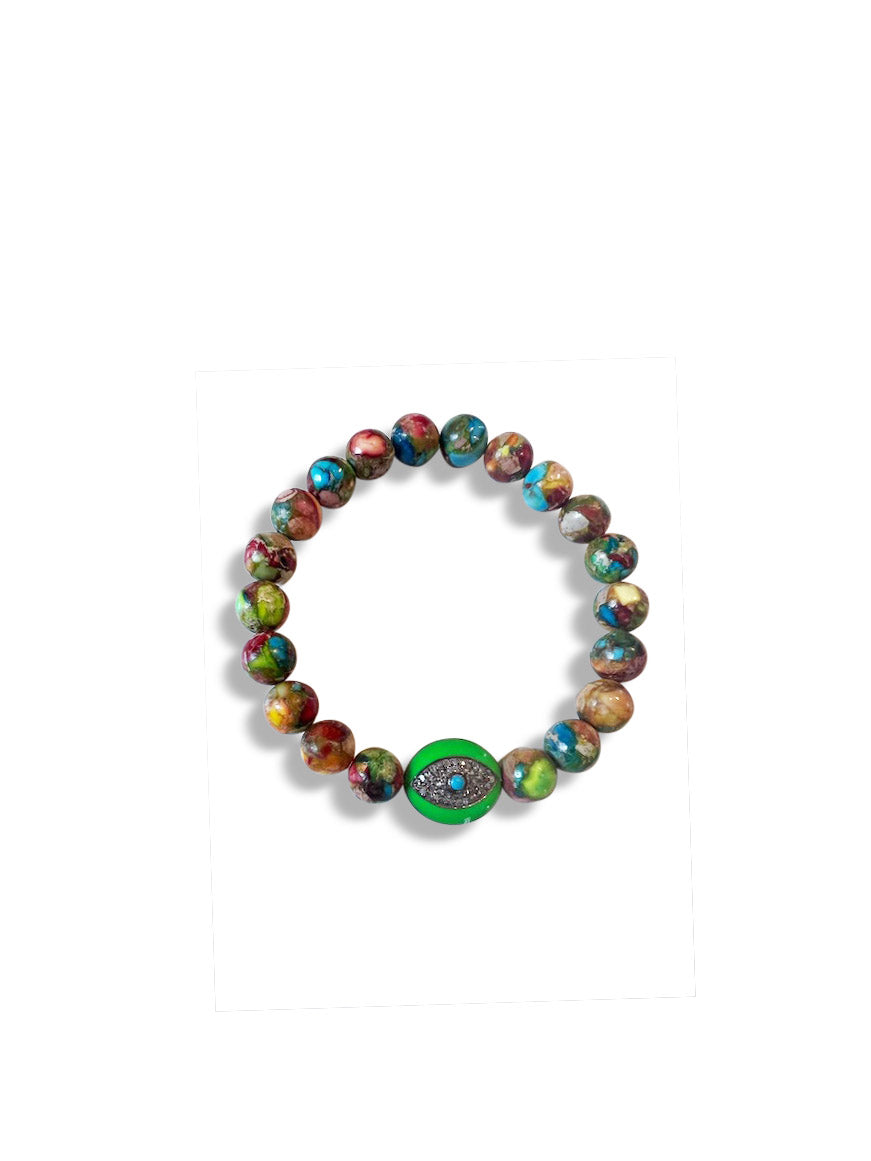 Sea Sediment Jasper with Pave Diamond and Turquoise Green Enamel Evil Eye in Sterling Silver