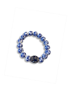 Sapphire and Pave Diamond Bead on Flower Painted Porcelain