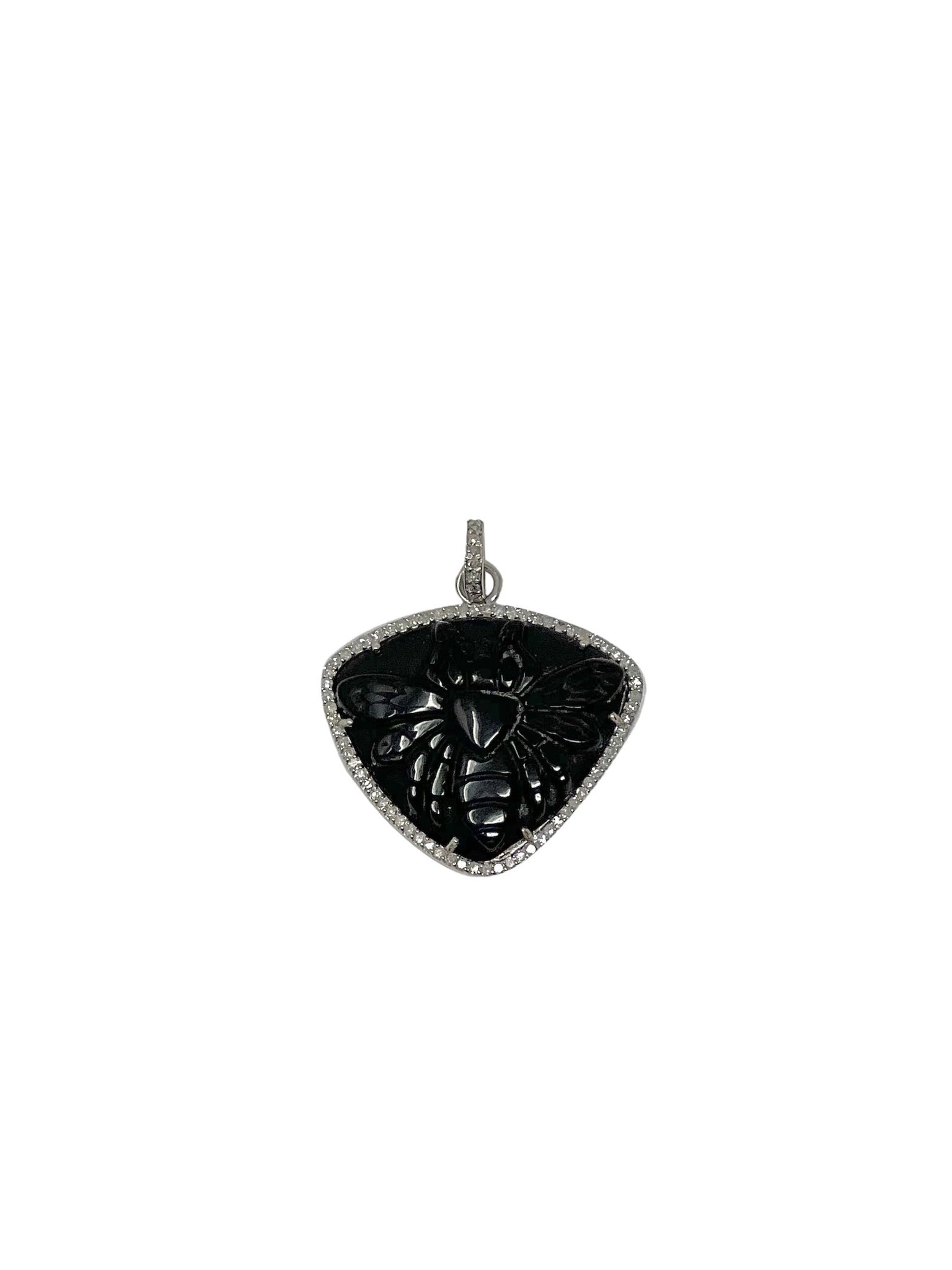 Black Obsidian Carved Bee Set in Pave Diamonds in Sterling Silver
