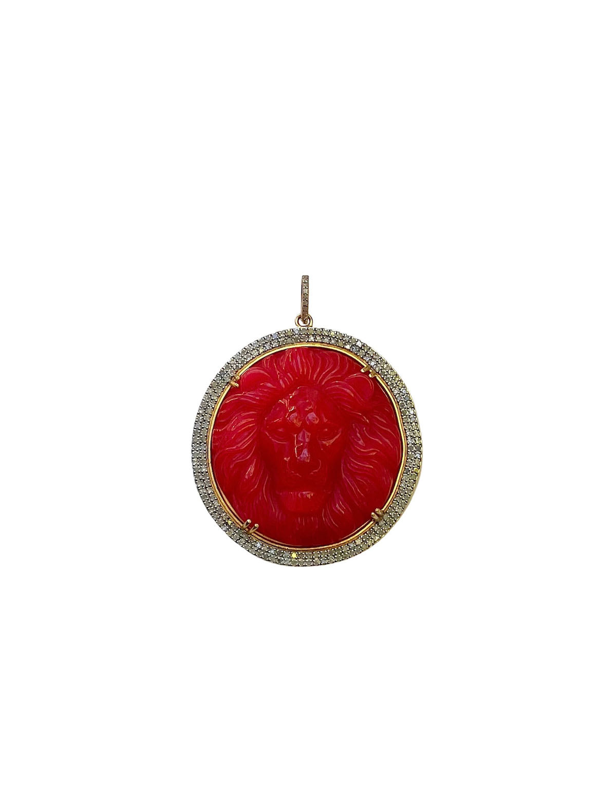 Carved Coral Lion Set in Pave Diamonds in 22kt Gold over Brass