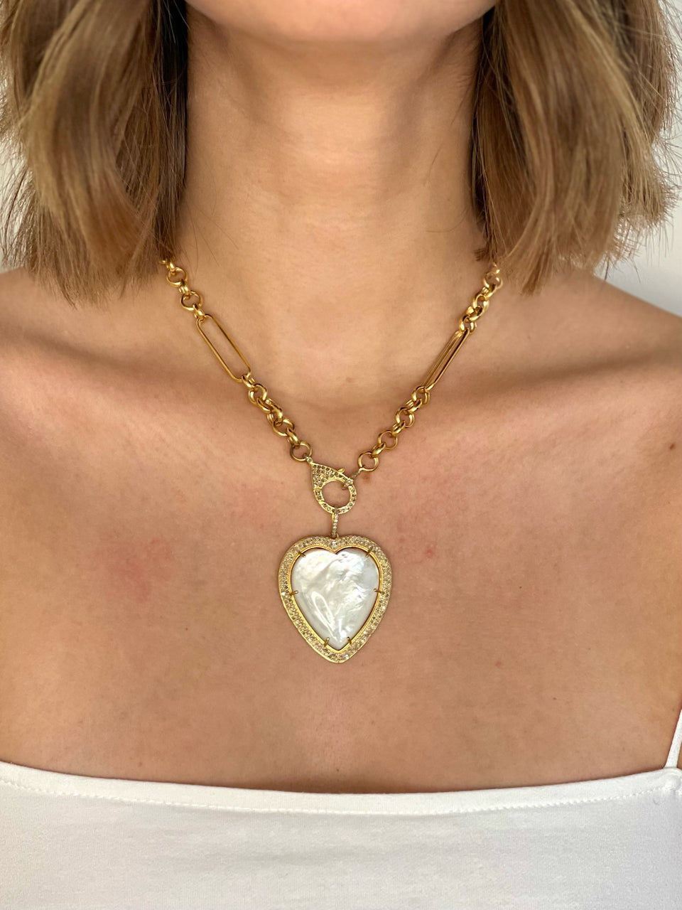 Mother of Pearl Heart with Double Row Pave Diamonds set in 22kt Gold over Brass