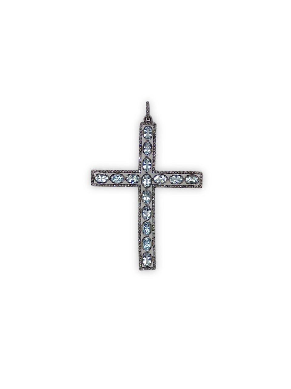 Aquamarine and Pave Diamond Cross set in Sterling Silver