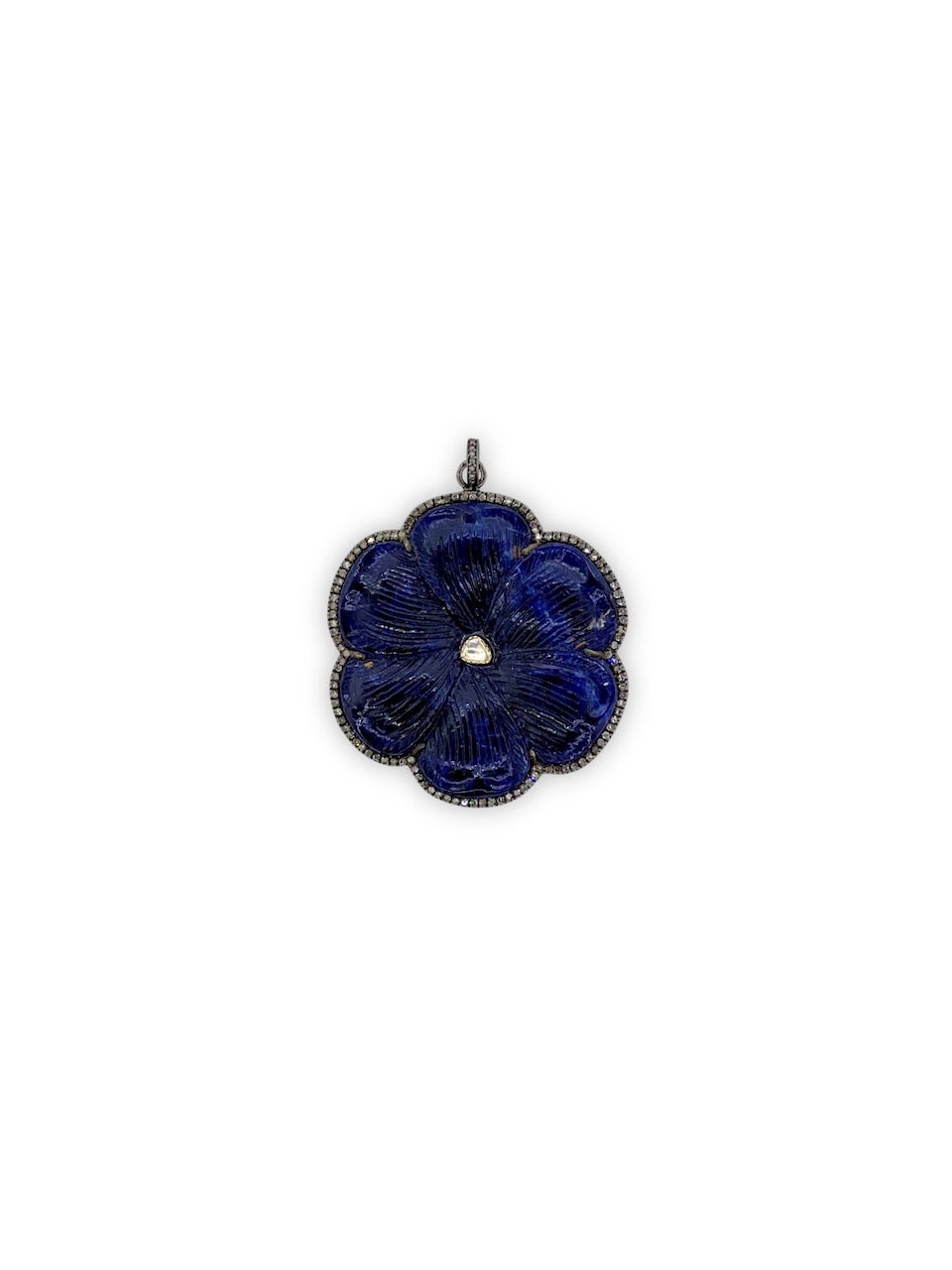 Sodalite Flower with Pave Diamonds and Diamond Center set in Sterling Silver