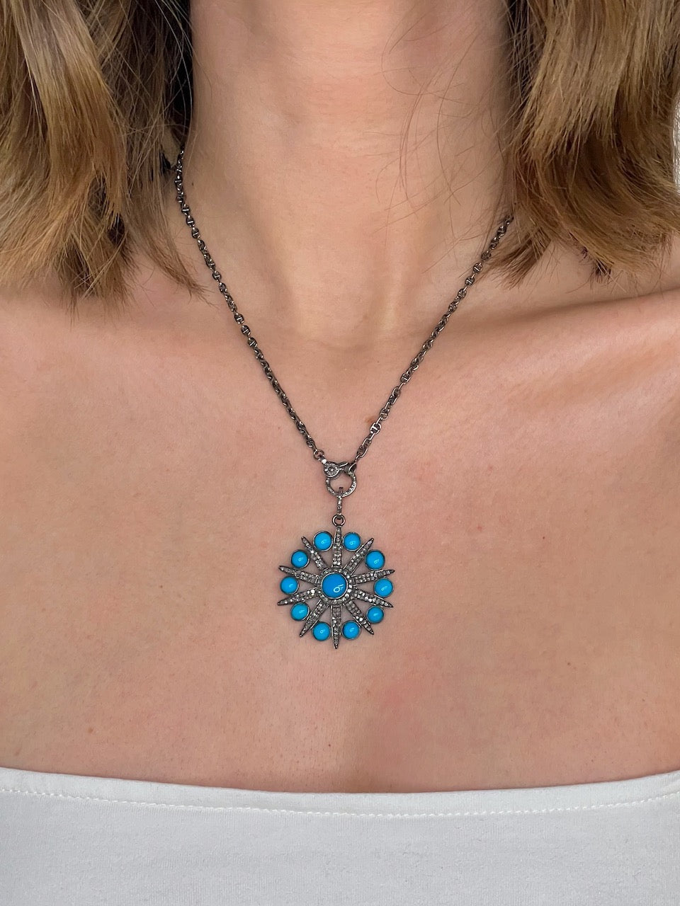 Turquoise and Pave Diamond Starburst on Sterling Silver