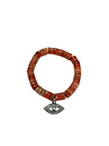Orange Jasper Heishi Beads with Pave Diamond Evil Eye