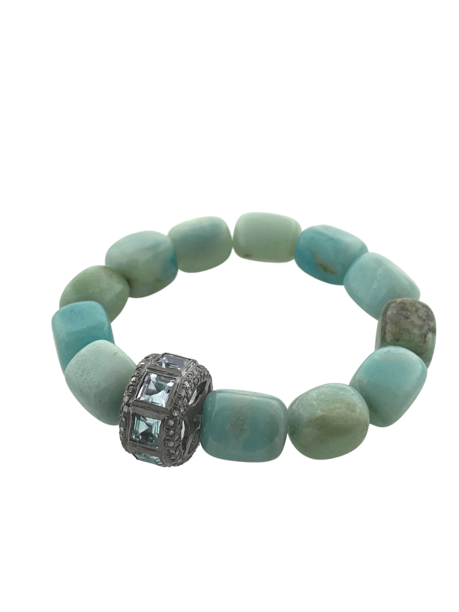Aquamarine and Pave Diamond Bead on Amazonite Cubes