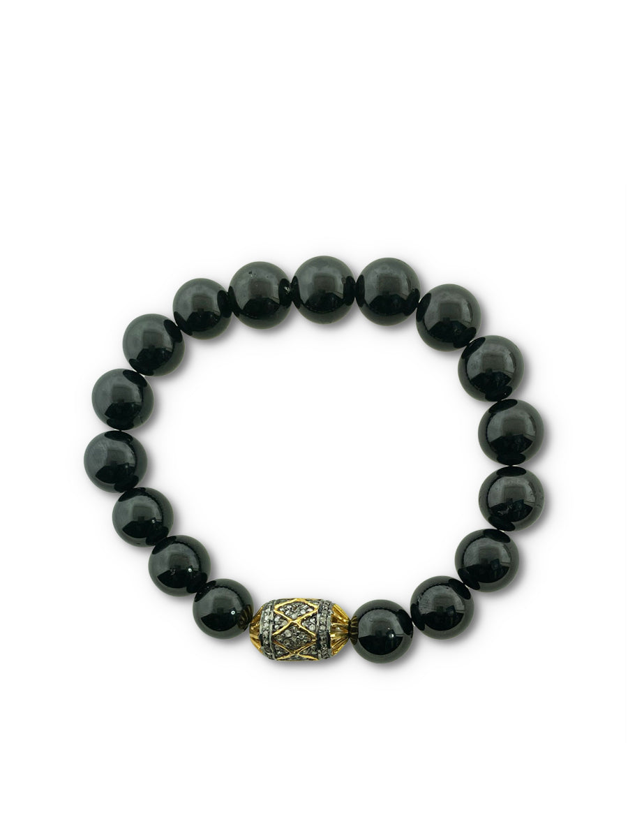 Black Tourmaline 10mm Beads with Pave Diamond mixed Metal Bead