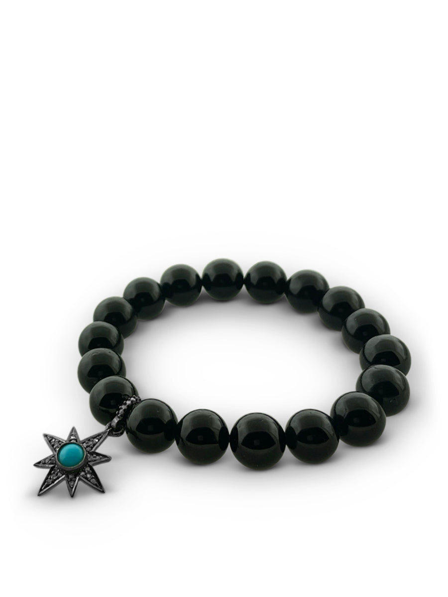 Black Tourmaline 10mm Beads with Pave Diamond and Turquoise Starburst