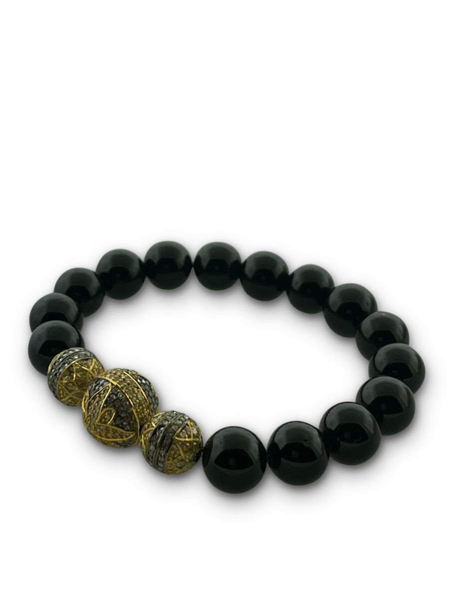 Black Tourmaline 10 mm Beads with three Pave Diamond Mixed Metal Beads