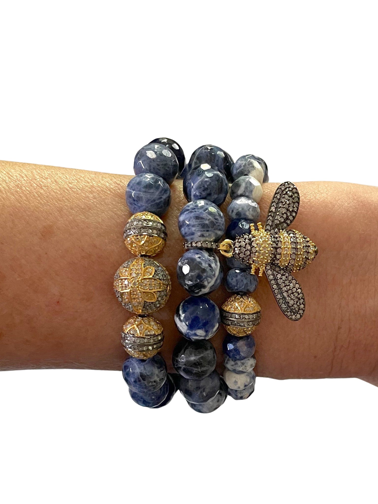 Sodalite Faceted 10 mm with Three Pave Diamond Mixed Metal Beads