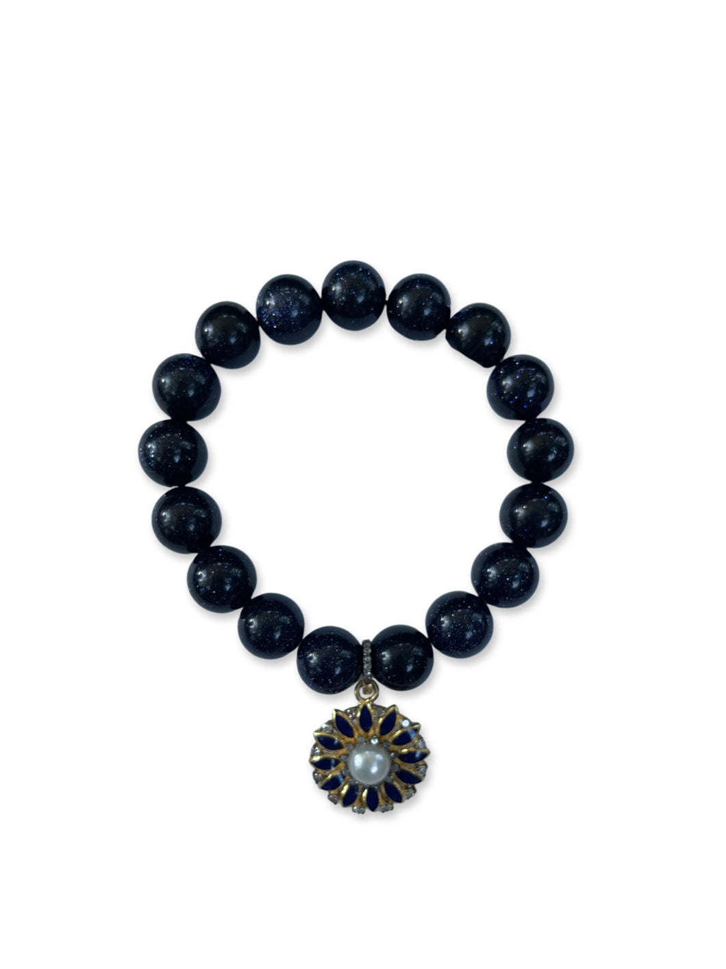Blue Goldstone with Freshwater Pearl and Pave Diamond Navy Enamel Flower