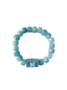 Amazonite Cubes with Pave Diamond Light Blue with Pink Enamel Flower and Serpent  Bead