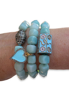 Amazonite Cubes with Pave Diamond Light Blue with Pink Enamel Flower and Serpent  Bead