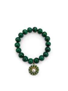 Malachite 10mm with Freshwater Pearl and Diamond Enamel Green Flower Charm