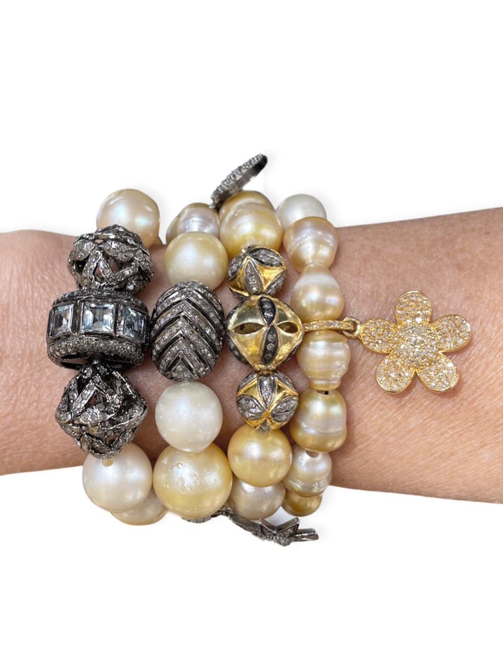 Golden South Sea Pearls with Three Pave Diamond Mixed Metal Beads