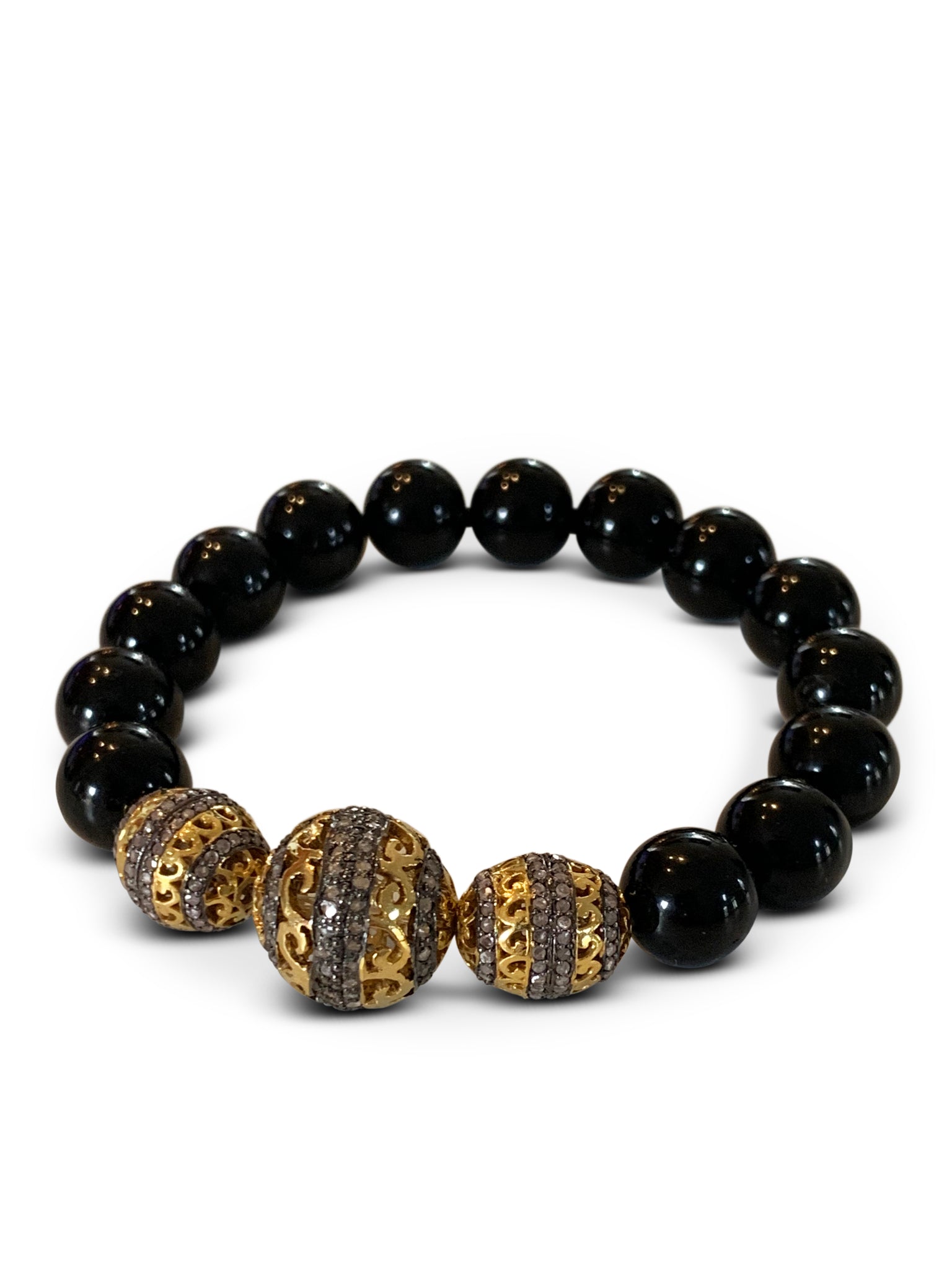 Black Tourmaline with Three Pave Diamond Beads