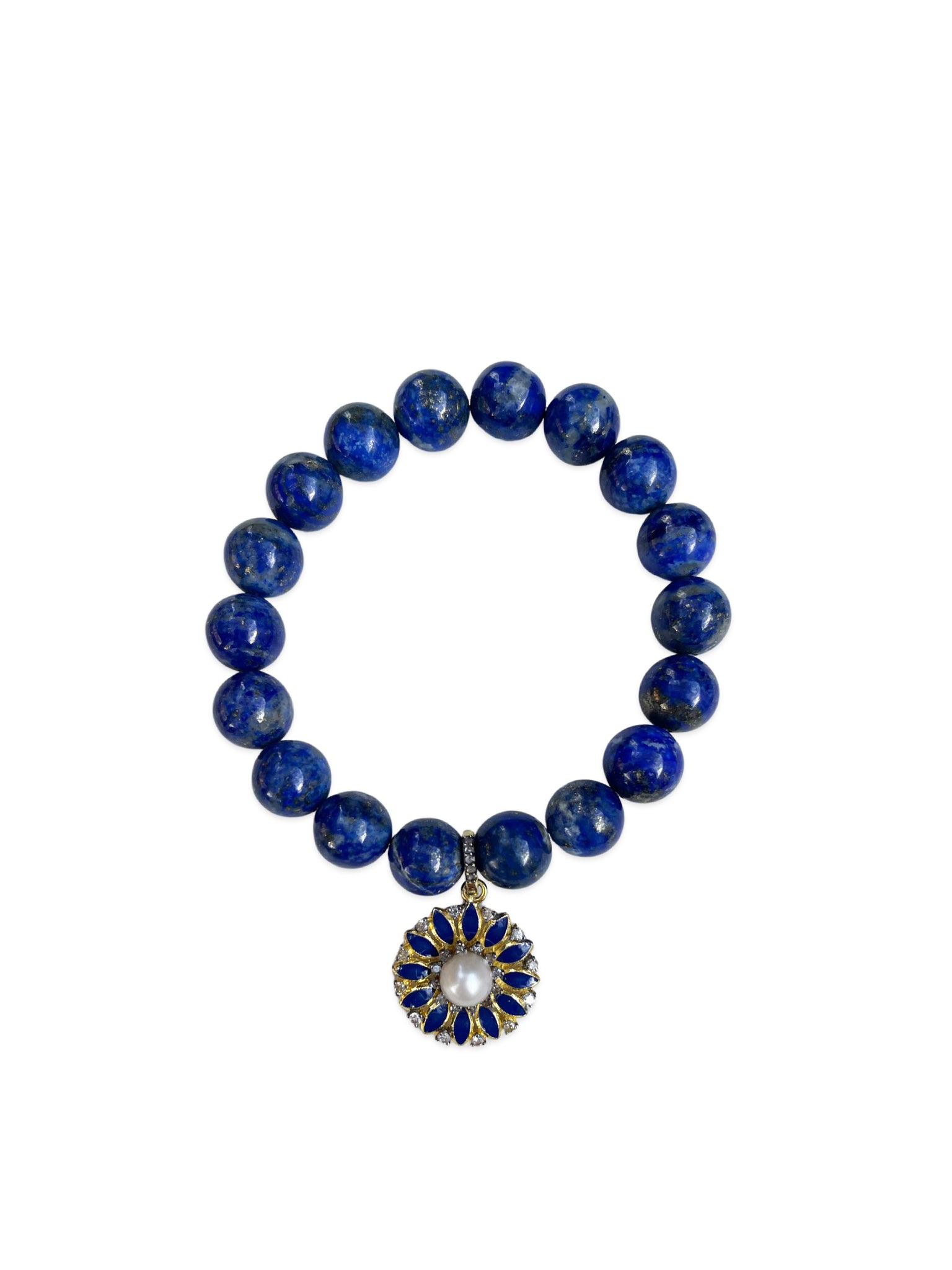 Lapis with Pave Diamond and Pearl Enamel Flower