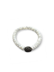 Mother of Pearl Heishi Beads with Pave Diamond Bead set in Sterling Silver