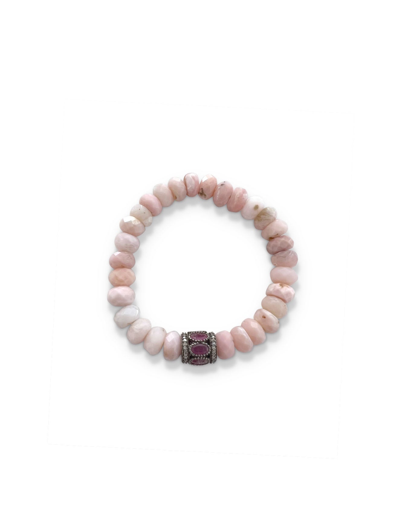 Pink Opal Rondelles with Pave Diamond and Tourmaline Bead set in Sterling Silver