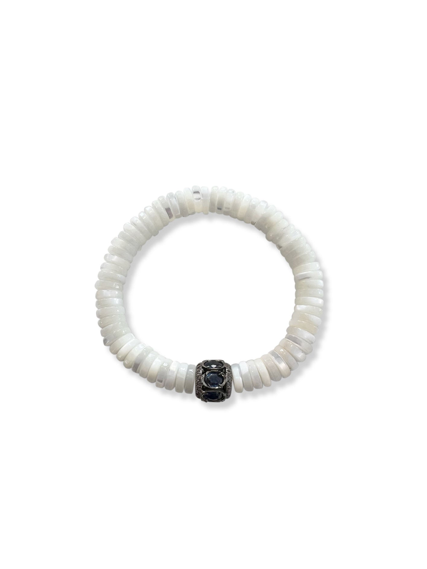 Mother of Pearl Heishi Beads with pave Diamond and Sapphire Bead
