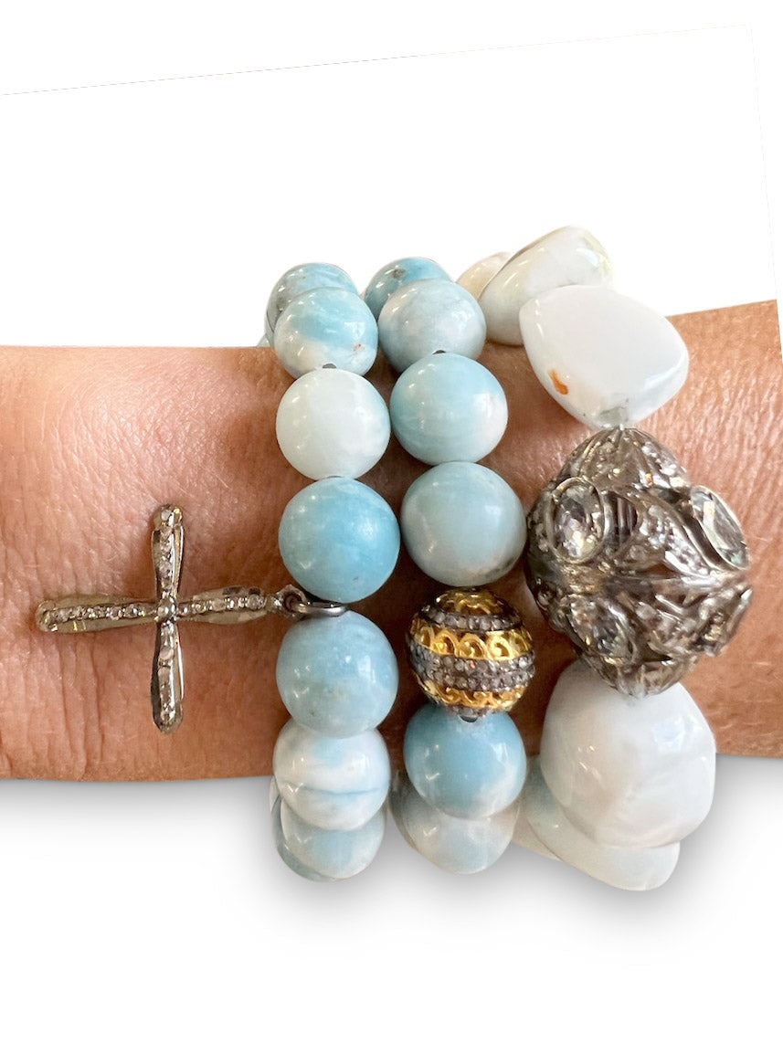 Larimar 10mm beads with Pave Diamond Sterling Silver Cross