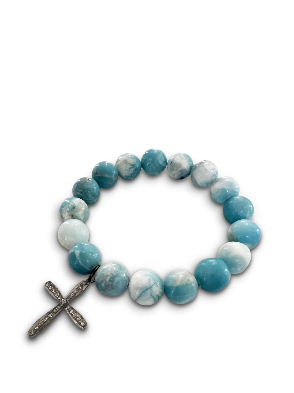 Larimar 10mm beads with Pave Diamond Sterling Silver Cross