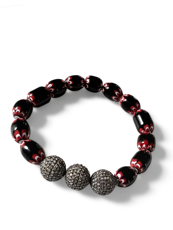 Venetian Chevron Beads from Africa with Three Pave Diamond Balls