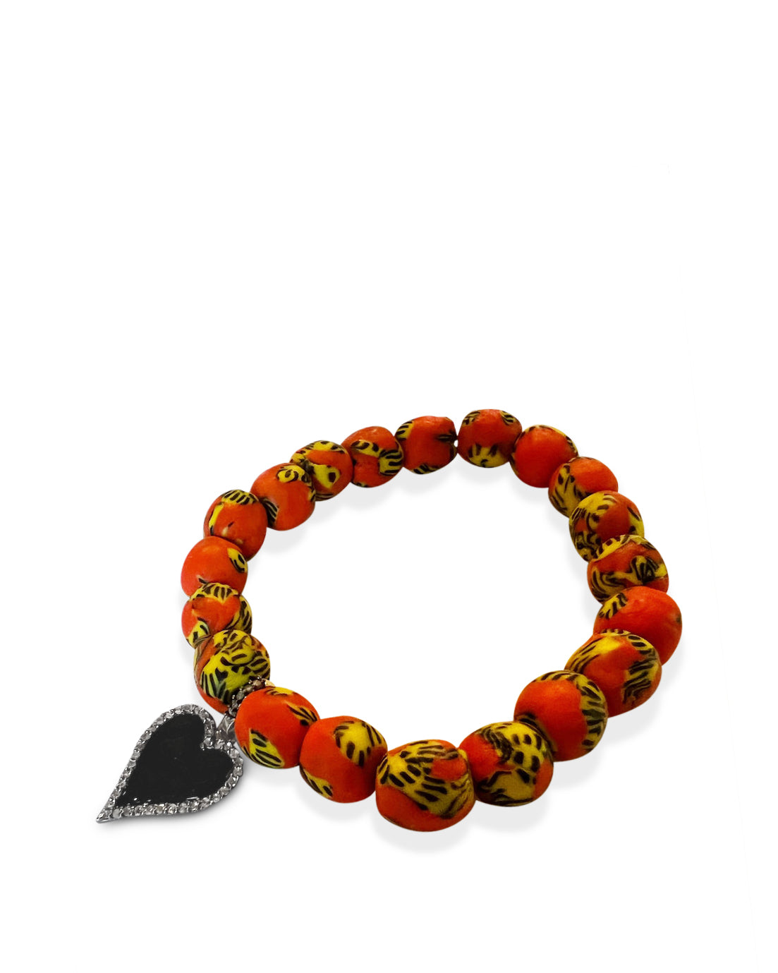 Krobo Beads from Ghana with Pave Diamond Black Enamel Heart