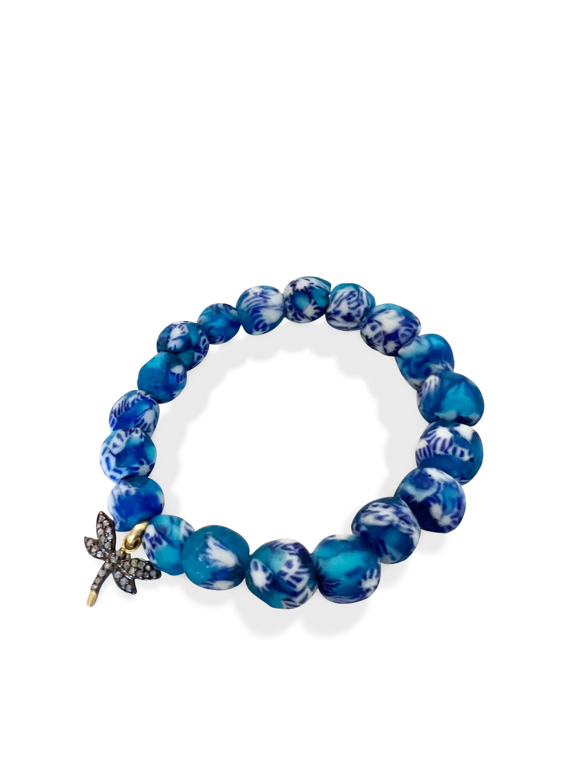 Blue Krobo Beads with Pave Diamond Dragonfly