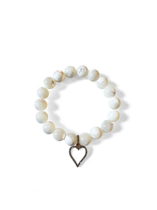 Mother of Pearl 10mm with Pave Diamond White Enamel Heart