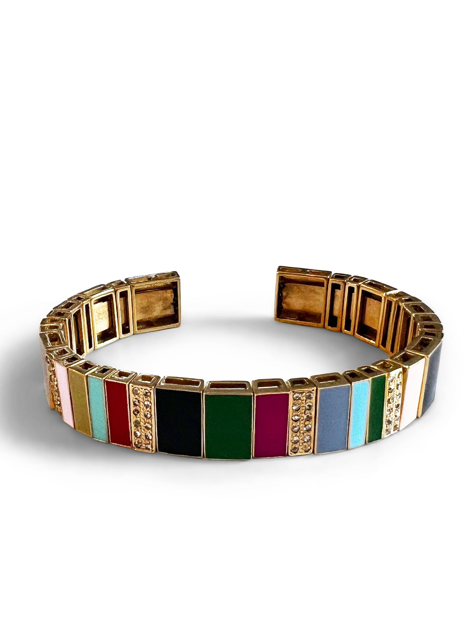 Multi color Enamel and Pave Dimond Tile Cuff in 22kt gold over brass