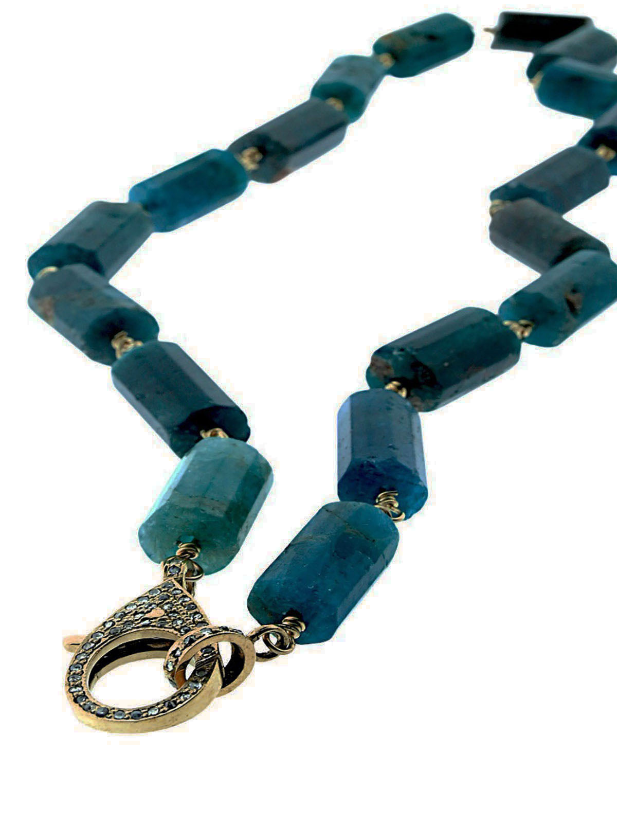 Apatite Cylinder Beads Wire Wrapped in Brass with Pave Diamond Clip.