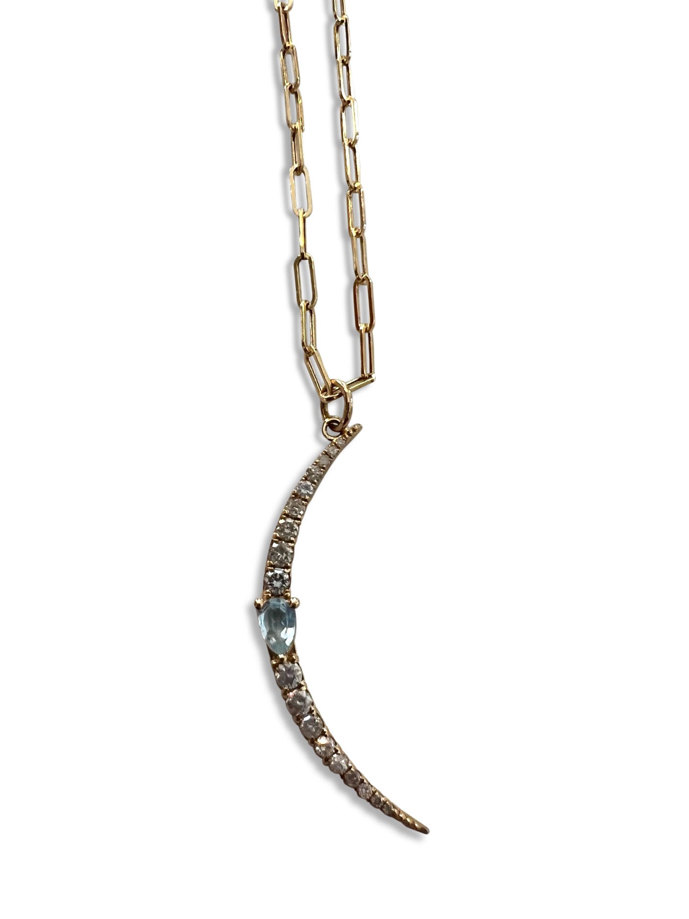 Diamond and Aquamarine Crescent set in 14kt Gold on 18" Paperclip Chain