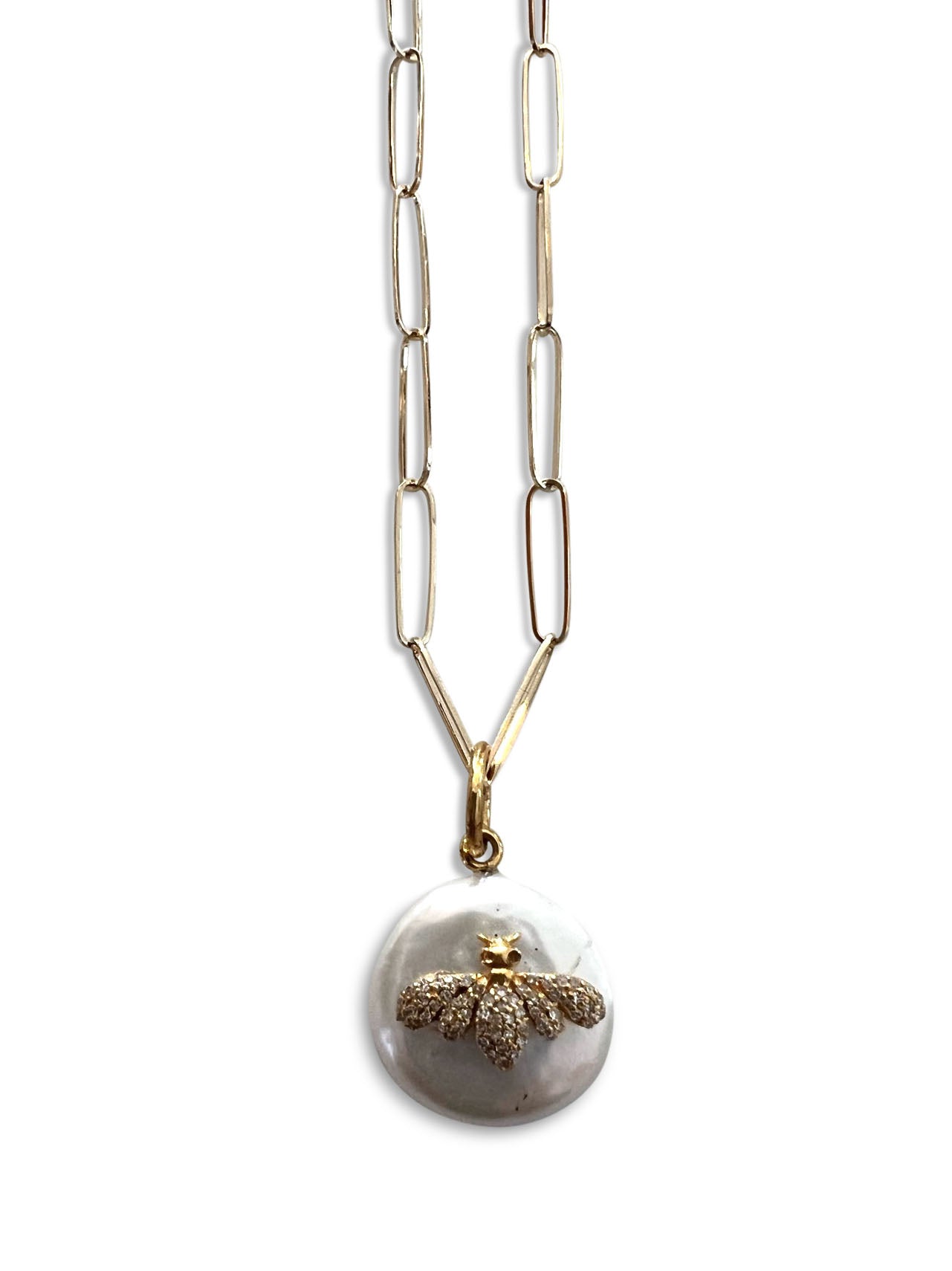 Freshwater Pearl with Pave Diamond and 14kt Gold Bee on Gold Paperclip Chain