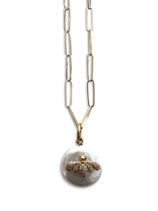 Freshwater Pearl with Pave Diamond and 14kt Gold Bee on Gold Paperclip Chain
