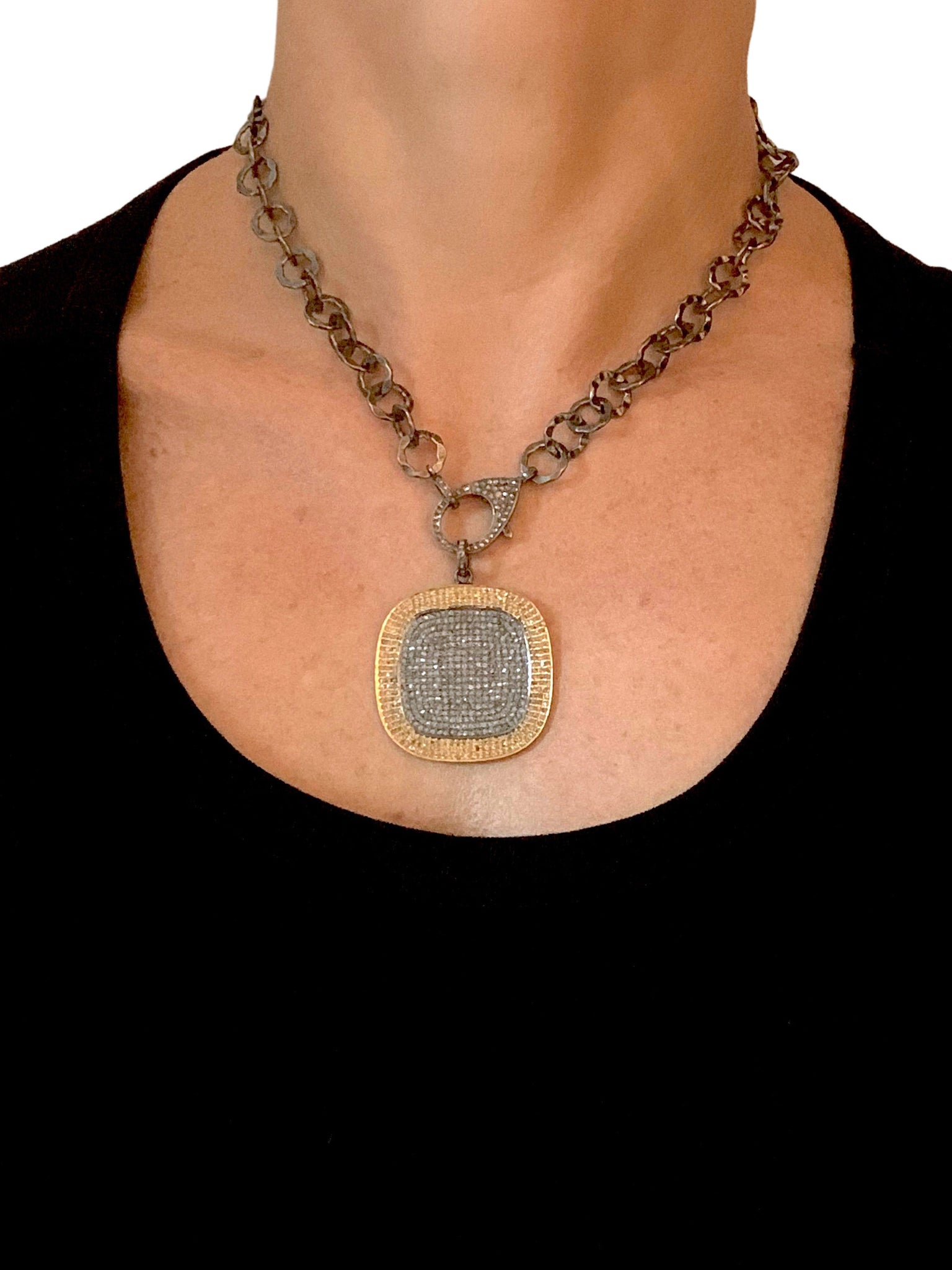 Large Pave Diamond Square in Sterling Silver and Brass