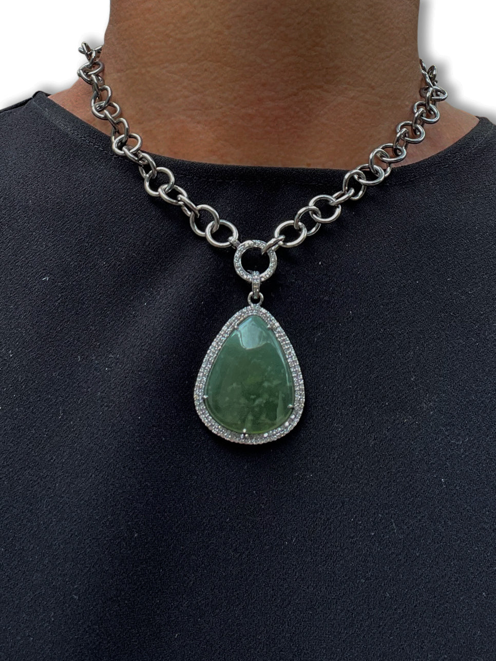 Jade With Pave Diamonds set in Sterling Silver