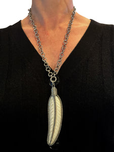 Large Horn Feather with Pave Diamonds set in Sterling Silver