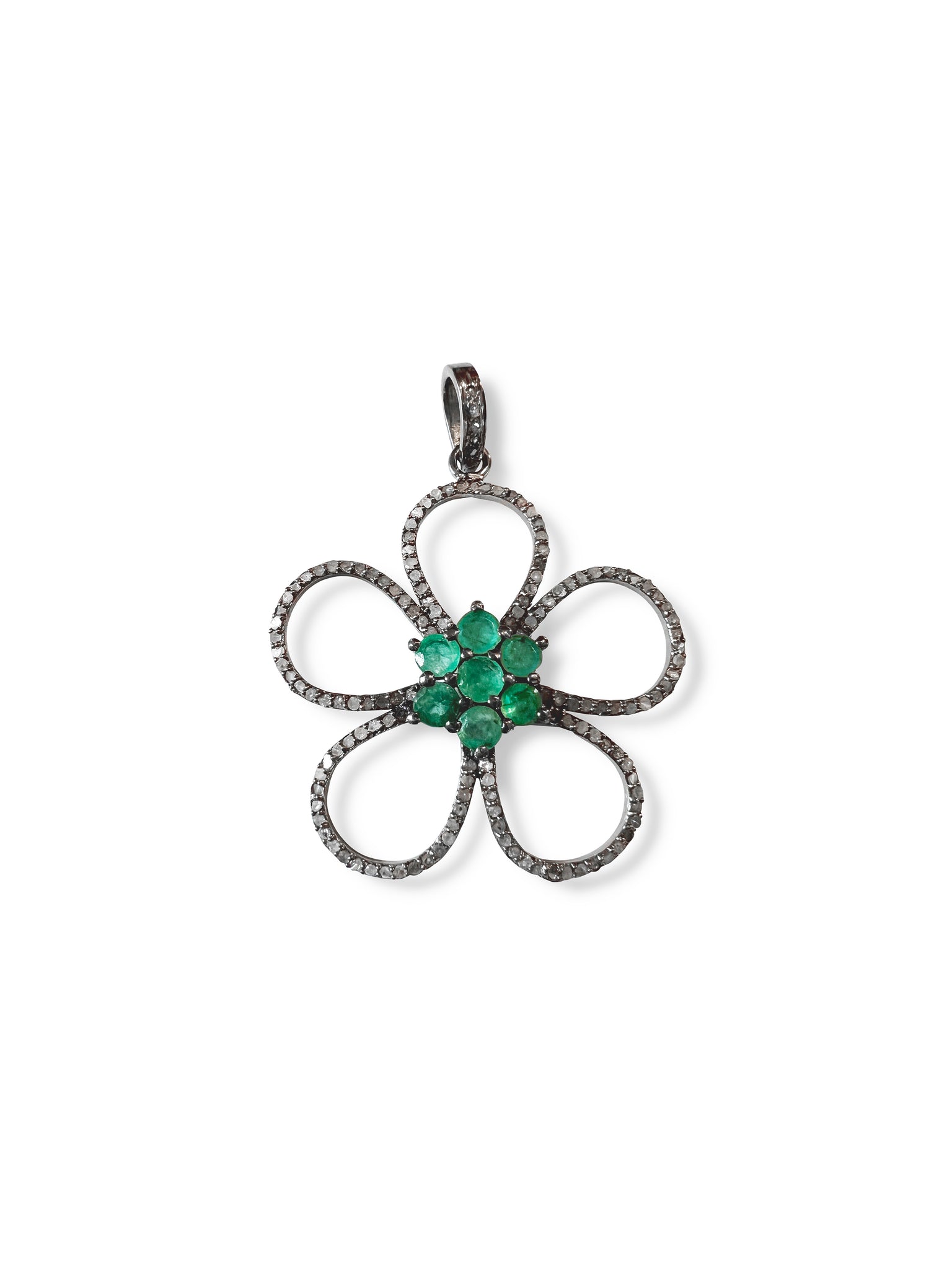 Pave Diamond Flower with Emerald Flower Center set in Sterling Silver