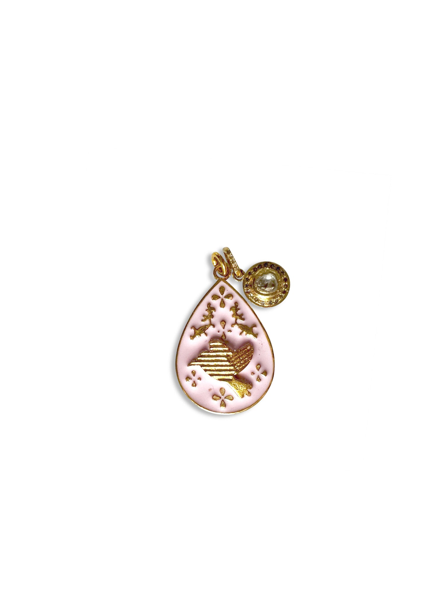 Polki Diamond Charm with Pink Enamel Bird Pendant