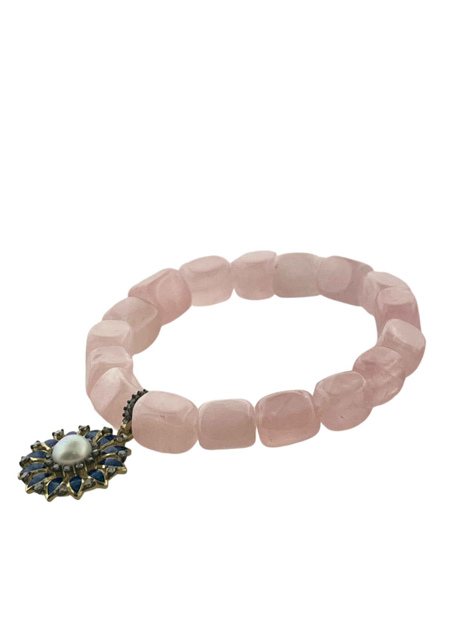 Rose Quartz Cubes with Diamond and Pearl Navy Enamel Flower